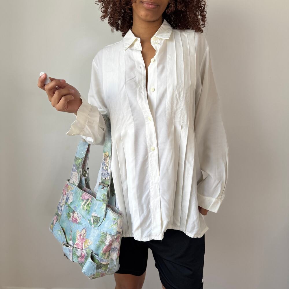 Vintage Ivory Silk Pleated Button Up Blouse Oversized (OS)